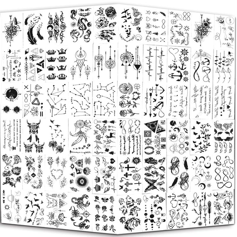 Tiny Waterproof Temporary Tattoos - 60 Sheets, Moon Stars Constellations Music Compass Anchor Words Lines Flowers for Kids Adults Men and Women