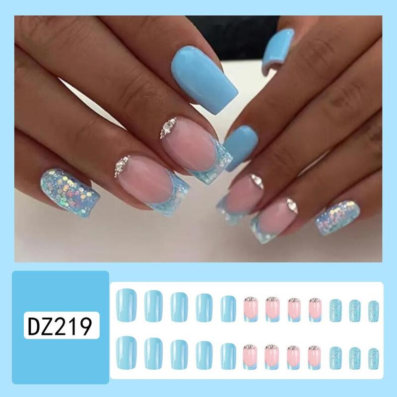 24pcs/set Rhinestone Fake Nails, Short Square False Nails for Women & Girls DIY Nail Art, Press On Nails, Elegant Stick On Nails Kit, Manicure Accessories, Easy to Apply