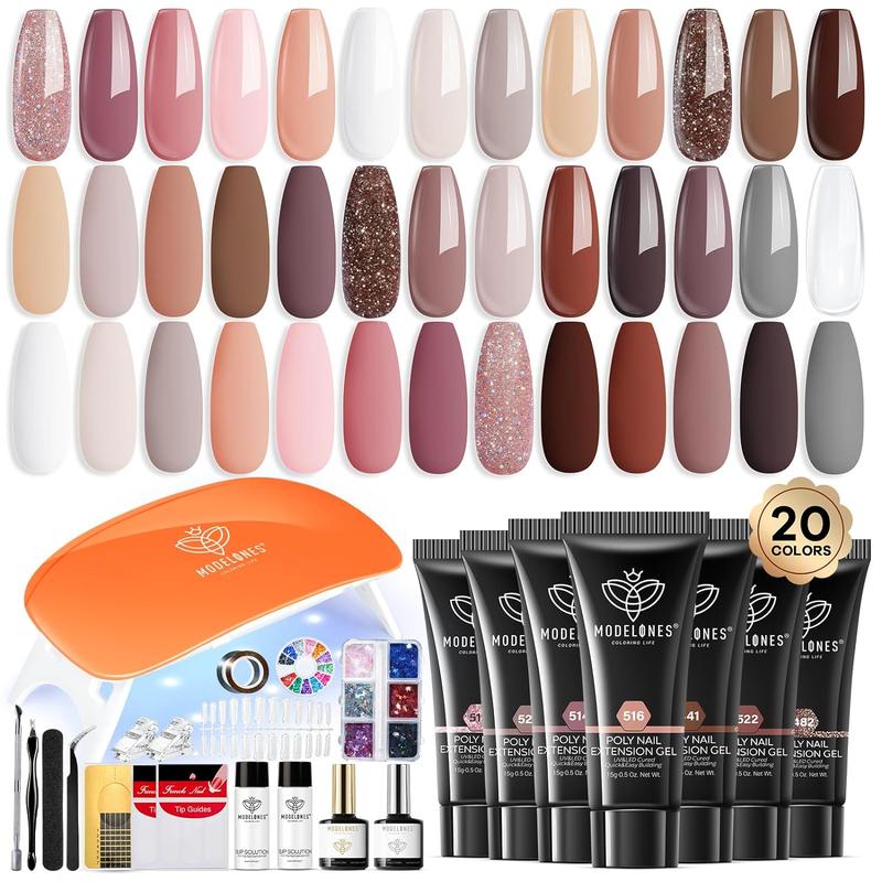 [Flash Sale]MODELONES Poly Nail Gel Kit Starter Kit 20 Colors/32 Colors Nude Pink SHINE with Nail Lamp brush All-in-one Kit Nail Extension DIY at Home Beauty Gifts French Nail Art nail care Beginner Kit birthday Gift 2024 manicure gel-x gelx