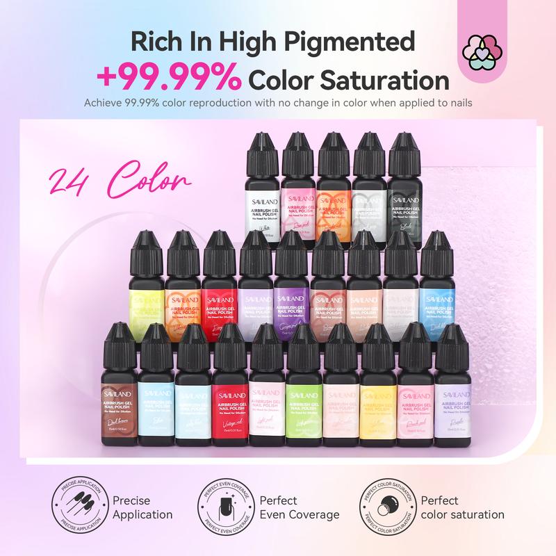 SAVILAND 24 Color Airbrush Gel Nail Polish - Use with Airbrush for Gradients Nails Blush Nails Layered Nail Art Various Pattern Nail Art Without Dilution High Color Saturation for Home Salon Use Nail Care Cutics Manicure Cosmetic