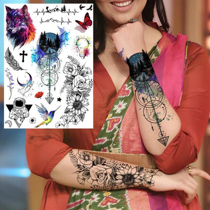 6pcs Lion & Wolf & Astronaut & Flower Pattern Temporary Tattoo, Body Decals for Women and Men