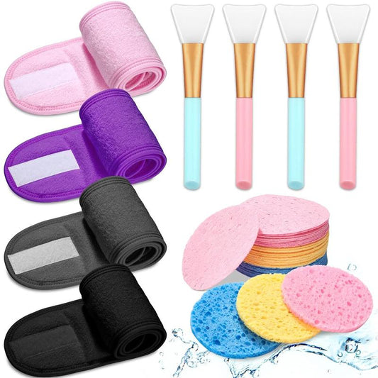 Daily Face Washing Tool Set, 4pcs Facial Cleansing Headband & 30pcs Facial Cleansing Pads & 4pcs Facial Mask Brush, Professional Skincare Tools for Women