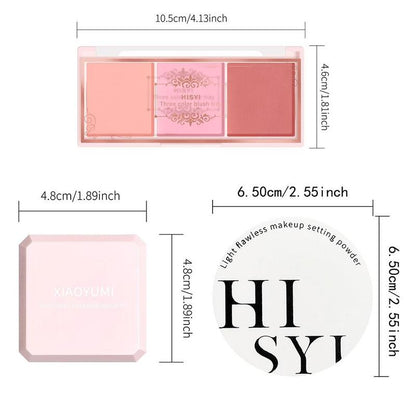 Long-lasting Powder Blush Set, Including 1 Count Double-layer Highlighter Powder & 1 Count Three-color Blush Powder & 1 Count Loose Powder, Long-lasting Makeup Set for Women