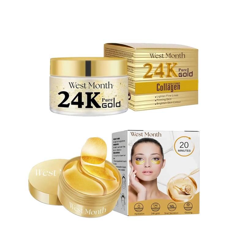 24k Collagen Eye Mask & 24k Collagen Face Cream, 1 Set Brightening & Firming Eye Mask & Moisturizing Face Cream, Beauty & Personal Skin Care Product for Women & Men