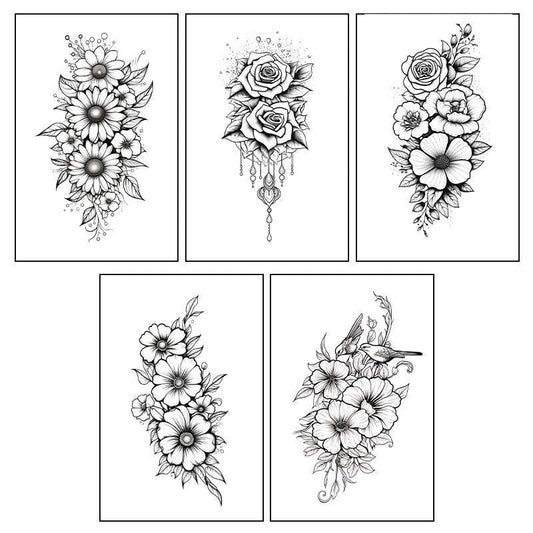 Flower Pattern Temporary Tattoo Sticker, 5pcs/set Waterproof Flower Design Body Art Sticker for Women & Girls for Arms Legs Neck Decorations