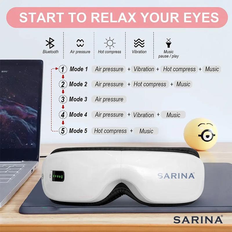 sarina Eye Massager with Heat, Heated Eye Mask with Bluetooth Music for Migraine, Face Massager to Relax, Eye Care Device for Eye Strain, Eye Bags, Dry Eyes, Birthday Gifts