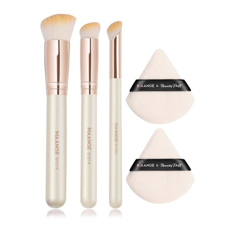 Comfort Makeup Brush Set with Dry Use Puff, 5 Counts/set Versatile Soft Cosmetic Product Makeup Tools for Foundation, Powder, Lip Balm, Summer Makeup