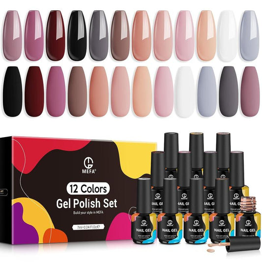 MEFA Gel Nail Polish Set, 12 Colors Fall Winter Nude Neutral Gel Polish Black White Nude Pink Nail Polish Burgundy Red Gray Gel Nail Starter Collection Popular Classic Nail Art Manicure DIY Salon Gift Cutics