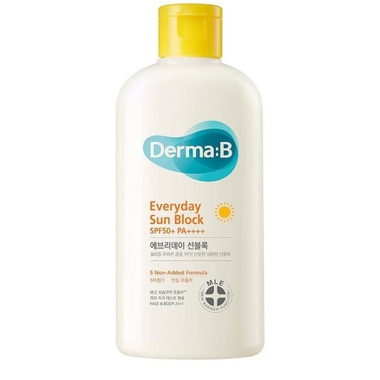 Derma B Everyday Sun Block Large Size Sunscreen SPF50+ PA++++ 6.71 Fl Oz, 200ml Fast-Absorbing Lightweight SPF Moisturizer, Facial Body Non-Sticky for Dewy Skin, Korean Protection Lotion