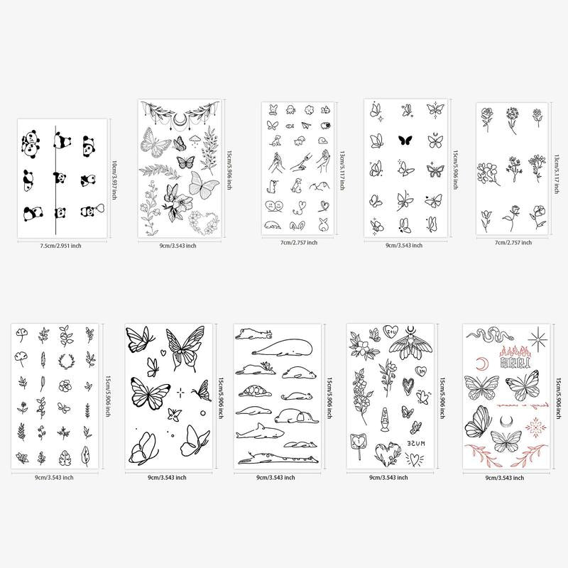 Mix Styles Temporary Tattoo Stickers, 10pcs/set Cartoon Animal & Flower Patterns Tattoo Sticker for Women & Men, Body Art Fact Art Stickers for Face Arm Neck