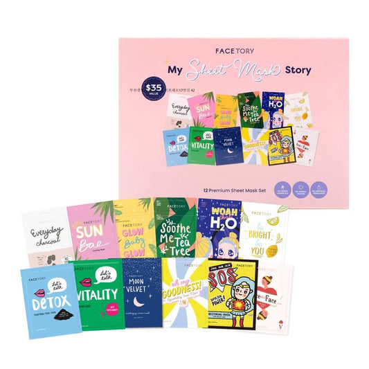 My Sheet Mask Story Gift Sets - 12 Set - Soft, Form-Fitting Korean Sheet Mask - Contains Aloe Extract, Niacinamide, Hyaluronic Acid - Hydrating and Soothing Face Mask for Glowing Skin