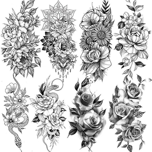 Floral & Snake Pattern Temporary Tattoo Sticker, 8pcs Aesthetic Fake Tattoo Sticker, Body Art Sticker for Women & Men