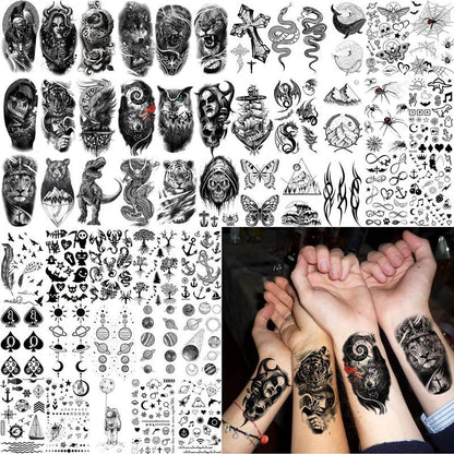 Animal & Skull Pattern Temporary Tattoo, 61pcs/set Fake Tattoo Body Art Sticker for Men & Women, Realistic Arm Tattoos for Adults, Body Art, Body Tattoos, Body Stickers Party Supplies