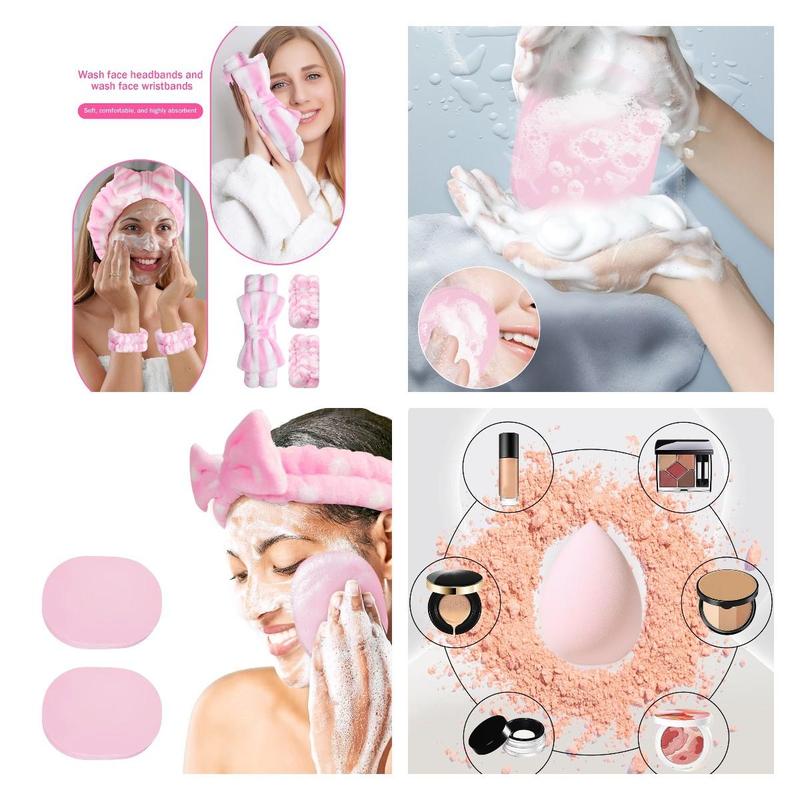 Makeup Tool, 64pcs/set Brushes & Sponges & Triangle Powder Puff & Finger Powder Puff & Headband & Wrist Band & Face Washing Puff & Cleaning Bowl & Bag