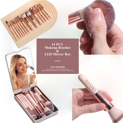 Travel Makeup Brush Set 14 Pcs with LED Light Mirror Foundation Powder Concealers Eye Shadows Makeup Set Compact Gift (PINK)