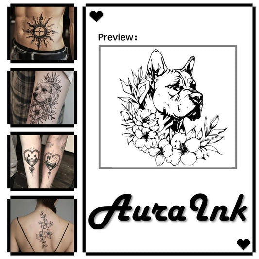 AuraInk Temp Tattoos,Dog Patten,2x1.8 in, Semi-Permanent Tattoo, Water-Resistant, 2 Weeks Long Lasting Temp Tattoo with Plant-Based Ink Traditional