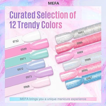 MEFA Pearl Gel Nail Polish Set, 12 Colors Shimmer Shades Mermaid Soft Pink Light Blue Purple Summer Glitter Swirl Sell Thread Gel Nail Polish Kit Nail Art Manicure DIY Salon Home Women Gifts