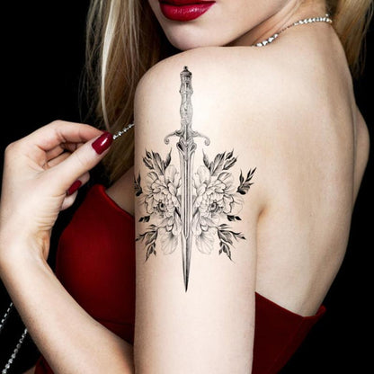 Fake Tattoo Sticker, 1 Count Waterproof Temporary Tattoo, Hand Drawn Sketch Peony Flower Sword Pattern Body Sticker For Women & Men