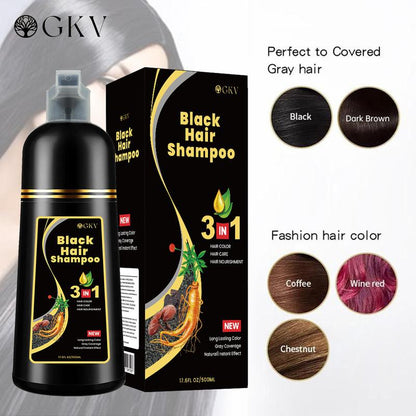 GKV Unisex 500ml Black Hair Color Shampoo Instant 3 in 1 +99.99% Gray Hair Coverage - Herbal Ingredients - Multiple Colors Available Plant Hair Dye Haircare