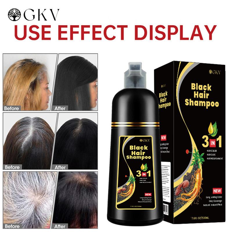 GKV Unisex 500ml Black Hair Color Shampoo Instant 3 in 1 +99.99% Gray Hair Coverage - Herbal Ingredients - Multiple Colors Available Plant Hair Dye Haircare