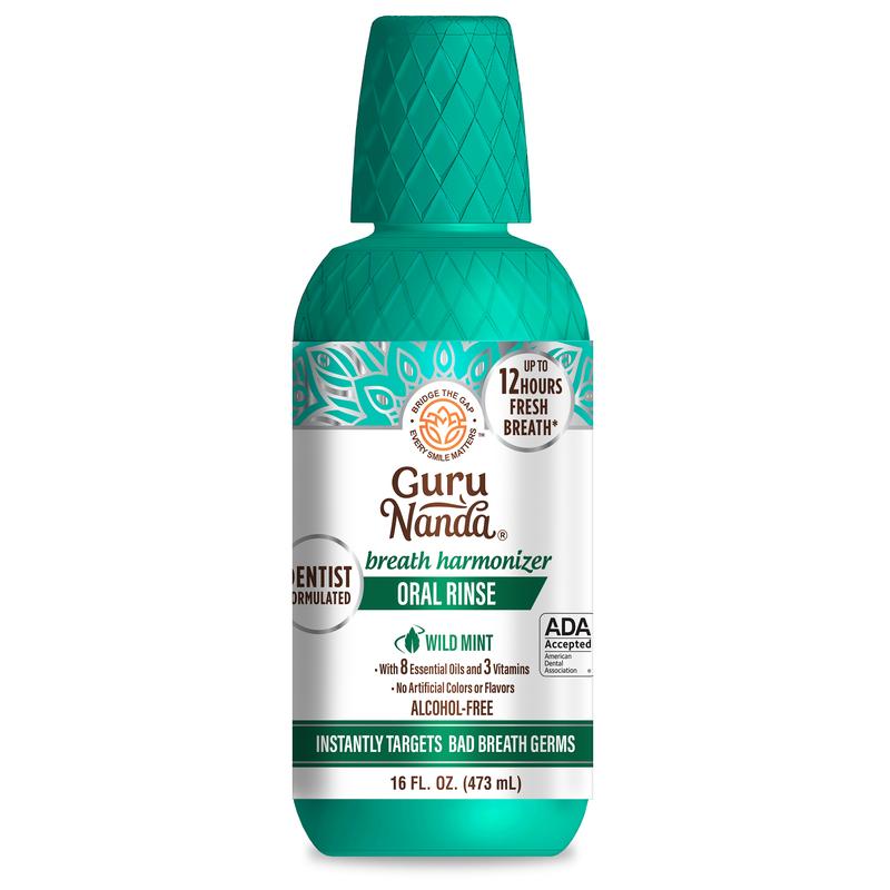 GuruNanda Fresh Mint Alcohol-Free Oral Rinse Mouthwash with 7 Essential Oils, Vitamins E,D & K2 - 16 Fl oz