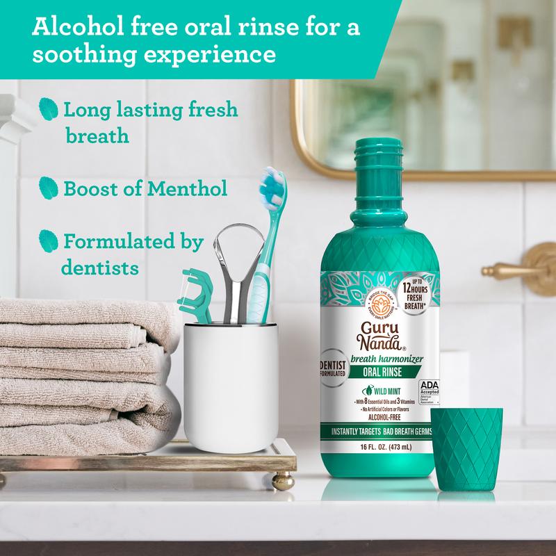 GuruNanda Fresh Mint Alcohol-Free Oral Rinse Mouthwash with 7 Essential Oils, Vitamins E,D & K2 - 16 Fl oz