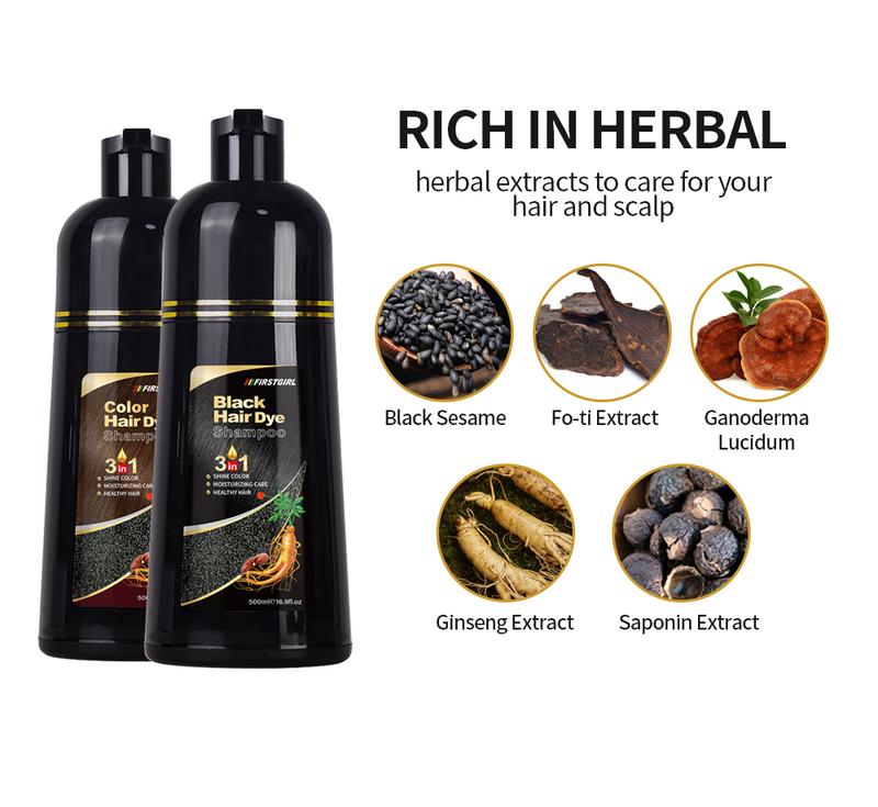 Unisex 500ml Black Hair Color Shampoo Instant 3 in 1 +99.99% Gray Hair Coverage - Herbal Ingredients - Multiple Colors Available Plant Hair Dye Haircare Summer Gift