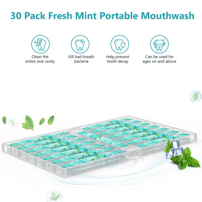 Mint-flavored travel portable 30-pack mouthwash, travel, portable, mouthwash, oral health