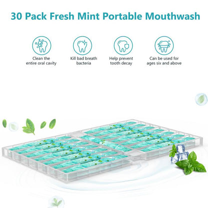 Mint-flavored travel portable 30-pack mouthwash, travel, portable, mouthwash, oral health