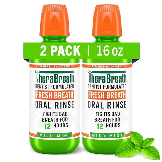 TheraBreath Fresh Breath Mouthwash, Mild Mint Flavor, Alcohol-Free, 16 Fl Oz (2-Pack) Oral Daily Gentle Sensitive