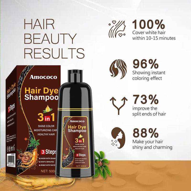 Amococo Unisex 500ml Black Hair Color Shampoo Instant 3 in 1 +99.99% Gray Hair Coverage - Herbal Ingredients - Multiple Colors Available Plant Hair Dye Haircare Summer Gift Gentle