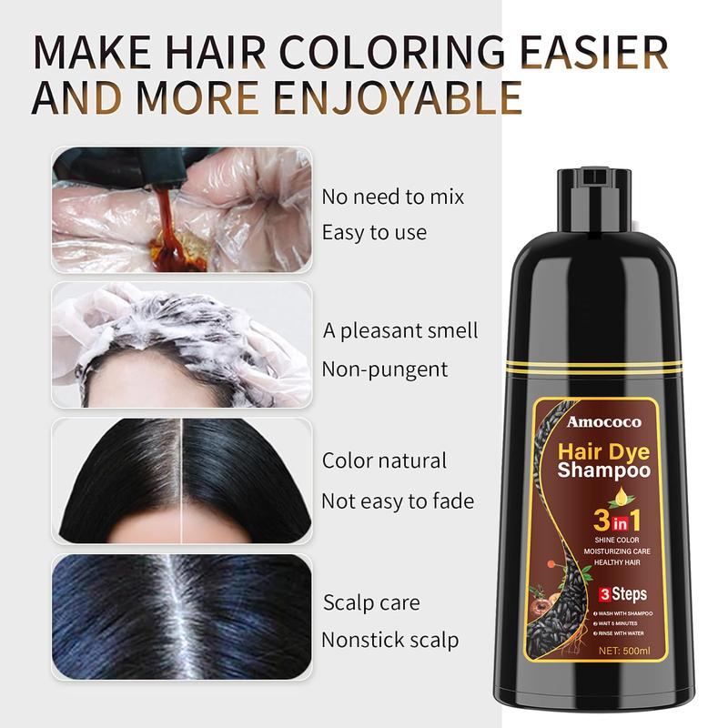 Amococo Unisex 500ml Black Hair Color Shampoo Instant 3 in 1 +99.99% Gray Hair Coverage - Herbal Ingredients - Multiple Colors Available Plant Hair Dye Haircare Summer Gift Gentle