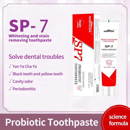 SP-7 Probiotic Toothpaste EnhancedFormula Balances The OralMicrobiome, Removes Stains, AndProvides Long-lasting Fresh Breath.