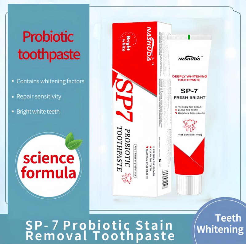 SP-7 Probiotic Toothpaste EnhancedFormula Balances The OralMicrobiome, Removes Stains, AndProvides Long-lasting Fresh Breath.