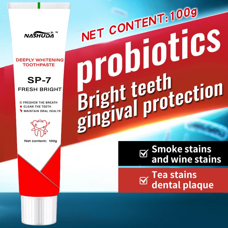 SP-7 Probiotic Toothpaste EnhancedFormula Balances The OralMicrobiome, Removes Stains, AndProvides Long-lasting Fresh Breath.