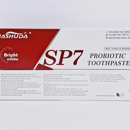 SP-7 Probiotic Toothpaste EnhancedFormula Balances The OralMicrobiome, Removes Stains, AndProvides Long-lasting Fresh Breath.