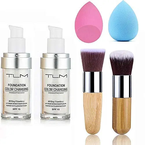 2pcs TLM Color Changing Foundation Liquid with 2 Brushes and 2 Cosmetics Sponge Flawless Full Coverage Natural Color Face Primer Base Makeup 30ml Concealer