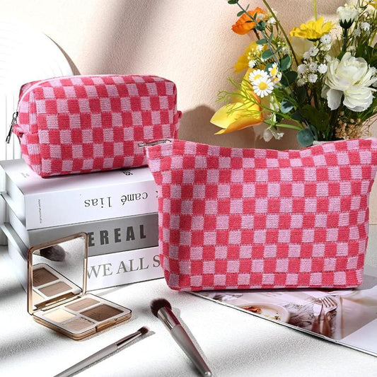 Portable Colorblock Plaid Pattern Cosmetic Bag, 2 Counts/set Mixed Size Large Capacity Toiletry Bag, Zipper Makeup Organizer Pouch