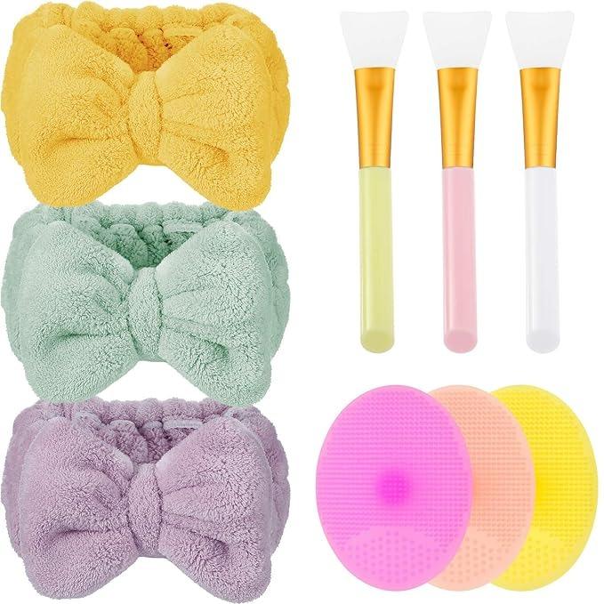 9 Pack 3 Pieces Microfiber Bowtie Headbands Soft Makeup Headbands, 3 Pieces Silicone Face Mask Brushes Silicone Face Cleanser and Massager Brushes, 3 Pieces Facial Mud Mask Applicators for Girls and Women  Comfort