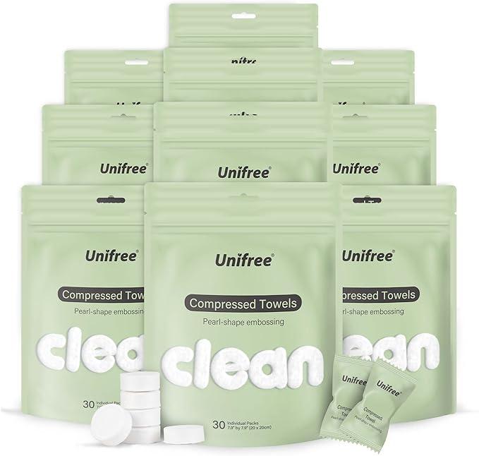 [ZS]Unifree Compressed Towels I Towelettes  I Facial Towel  I 30 Individual Packs Per Bag, 10-bags Value Pack, Total 300 Count