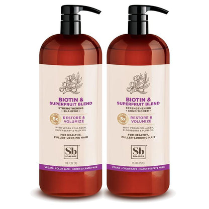 Biotin & Superfruit Volumizing Shampoo + Conditioner Set, 1 Liter each (pack of 2) - with Vegan Collagen, Aloe and Shea Butter, Sulfate Free, Paraben Free, Silicone Free, Color Safe and Vegan Hair Products