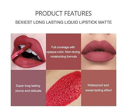 6Pcs Lipstick Makeup Set, Satin Texture Plumping Matte liquid Moisturizing Long-Lasting Wear Non-Stick Cup Not Fade Waterproof Smudge Proof Lip Gloss Suitable for All Occasions Party Festive, Girls and Women Makeup Accessories Glossy Cosmetic