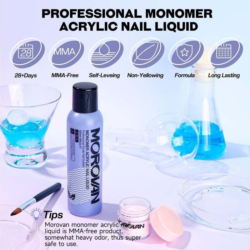 MOROVAN 4oz 120ml Monomer Acrylic Nail Liquid - Professional Acrylic Nail Liquid Monomer for Acrylic Powder Acrylic Nails Extension with Acrylic Nail Brush DIY Beginners Non-Yellowing