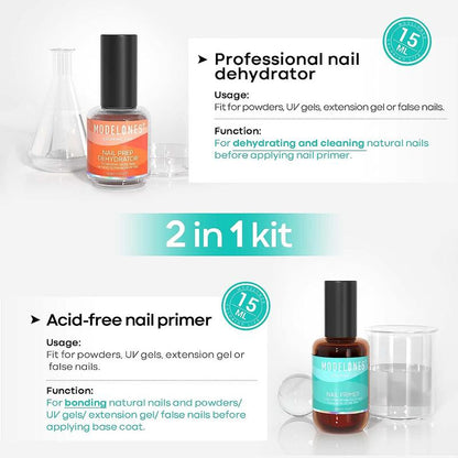 Modelones 15ml Gel Nail Polish Nail Dehydrator and Primer, 2Pcs Acid Free Natural Nail Prep Dehydrate & Bond Primer Nail Bond, Air Dry Superior Bonding Primer for Acrylic Powder Nail Supplies Set Nail Art Nail Care Cutics Manicure