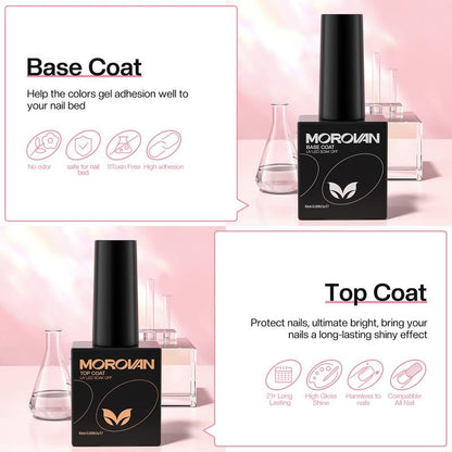 MOROVAN Top Base Coat - Soak Off Gel Base and Top Coat Gel Nail Polish Professional Gel Top and Base Coat for Beginners Long Lasting Gel Top Coat UV Glossy Shine Base Coat Nail Polish DIY at Home