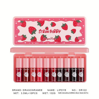 Long-lasting Lip Gloss Set, Summer Gifts, 10pcs/set Strawberry Design Matte Lip Stick, Moisturizing Lip Gloss for All Occasions Lip Makeup, Girls and Women Makeup Accessories, Elegant?Hydrating?Lip?Cosmetic?for?Gift