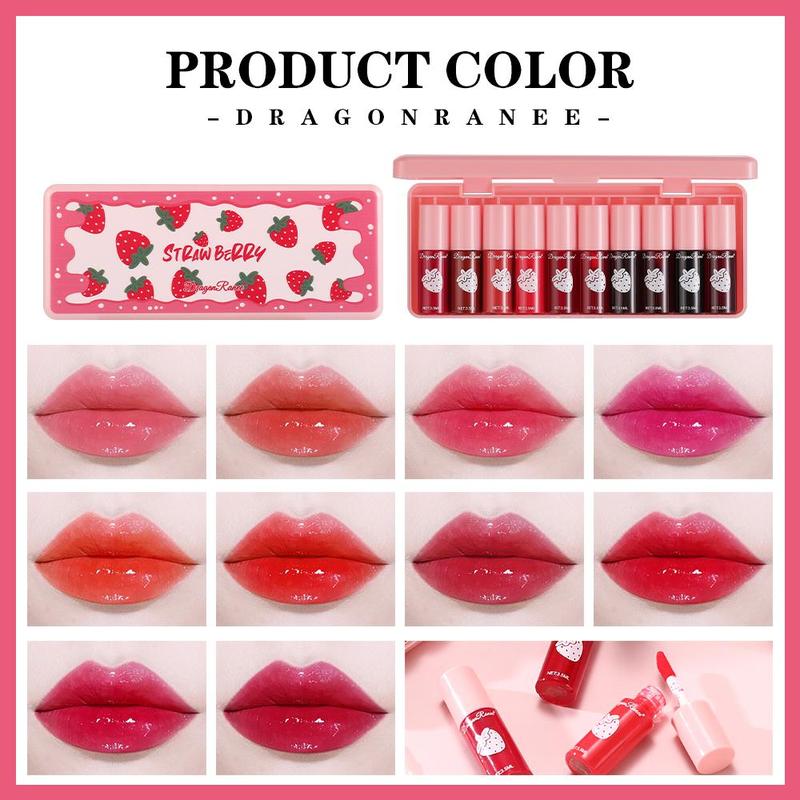 Long-lasting Lip Gloss Set, Summer Gifts, 10pcs/set Strawberry Design Matte Lip Stick, Moisturizing Lip Gloss for All Occasions Lip Makeup, Girls and Women Makeup Accessories, Elegant?Hydrating?Lip?Cosmetic?for?Gift