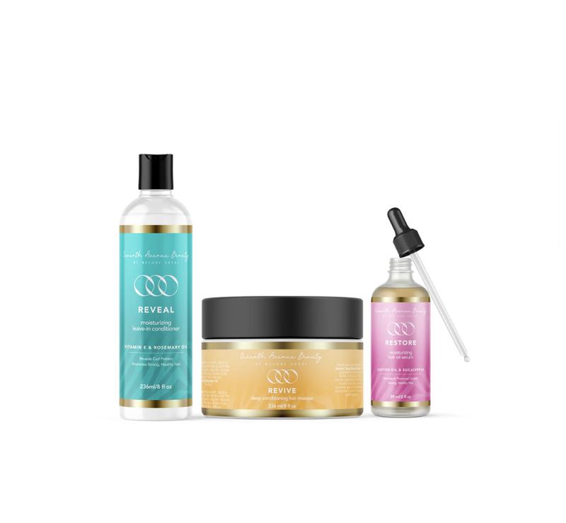 Vegan Revive. Restore. Reveal Bundle includes Moisturizing Hair Masque, Leave in Conditioner & Hair Oil Serum