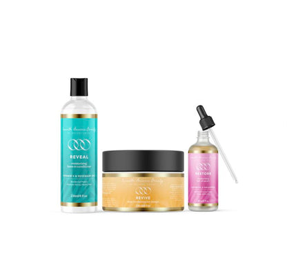 Vegan Revive. Restore. Reveal Bundle includes Moisturizing Hair Masque, Leave in Conditioner & Hair Oil Serum