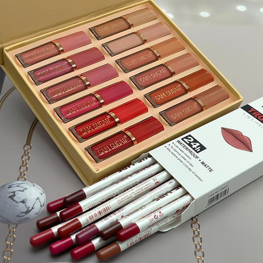 Long Lasting Lip Makeup Sets (24pcs/set), Including 12pcs Matte Liquid Lipstick & 12pcs Lip Liner, Matte Lipstick & Lip Liner, Non-stick Cup Matte Lips Gloss for All Occasions Lip Makeup, Makeup Accessories for Girls and Women, Summer Cosmetic Products